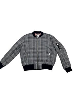 Gap Plaid Bomber Jacket Women’s M Blue White Zip Retro Satin Lined